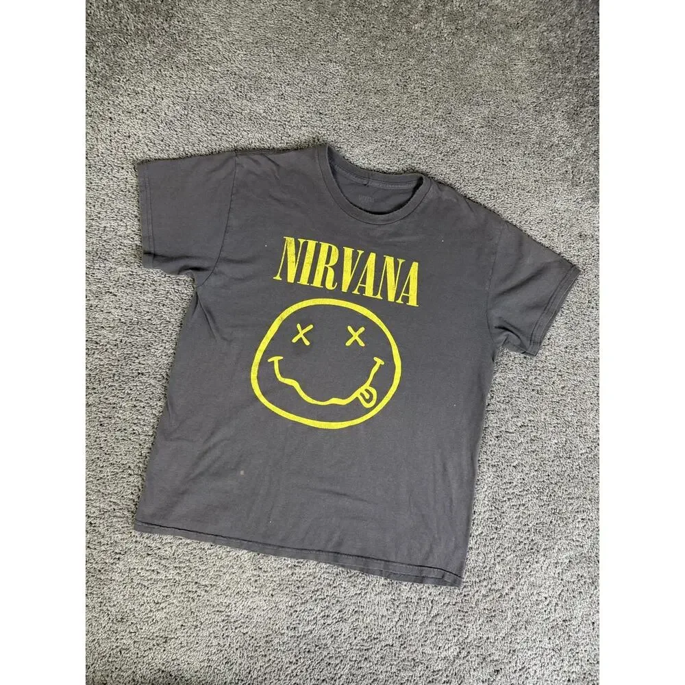 Nirvana Shirt Mens L Gray Smiley Face Graphic Crew Neck Cotton Band Logo Tee